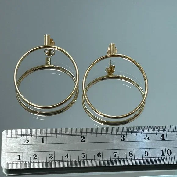 New Signed Milor Bronze Italy Gold Front Drop CIrcle Hoop Pierced Earrings - Picture 3 of 7